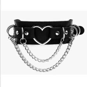 Black Leather Thick Wide Choker w/ Heart & Chains Necklace NWT